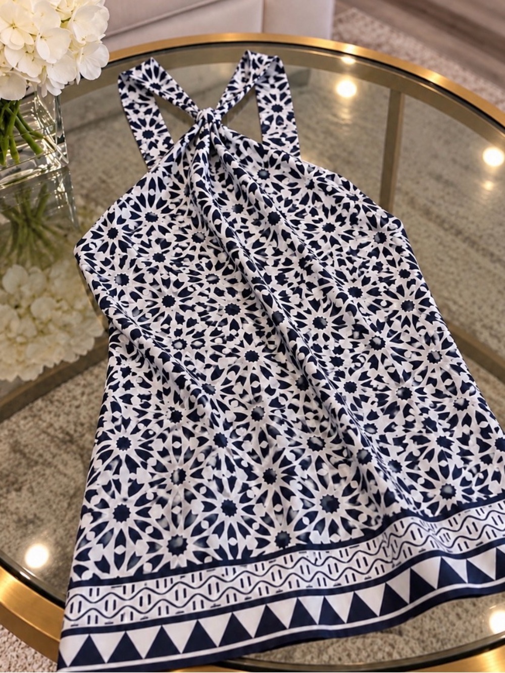 Navy & White Printed Halter Camisole Dress